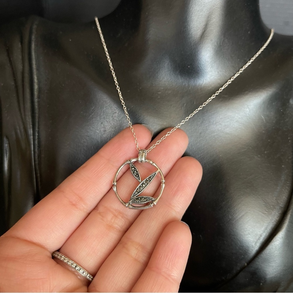 Sterling Silver Marcasite Leaf Bamboo Coin Medallion Necklace 18-20 Inch